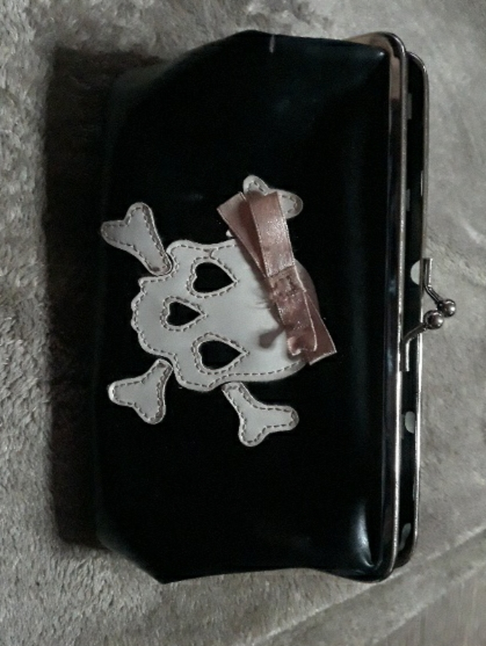 Lux de Ville Black Patent Clutch with White Skull Applique and Pink Bow